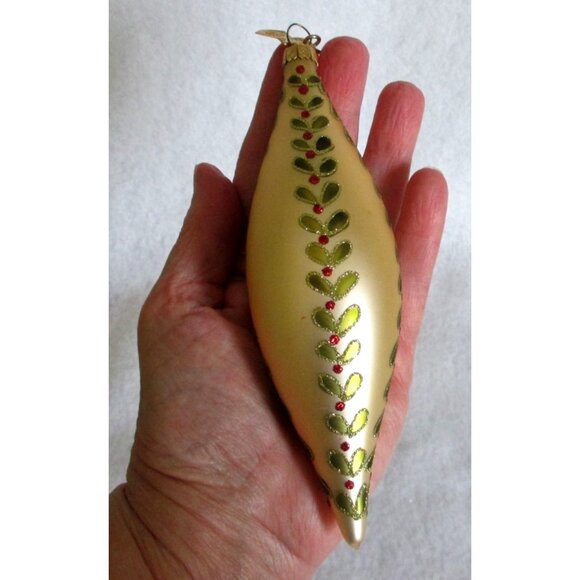 Gold Teardrop Christmas Ornament Bauble - Green & Red Leaf Design - Vintage - Picture 4 of 5